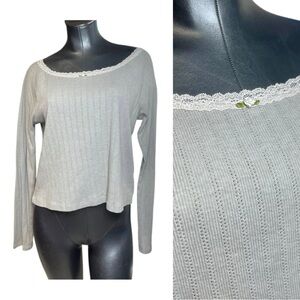 Aeropostale Gray Long Sleeve Top Henley Dainty Babydoll Lace Trim Shirt Cozy XL